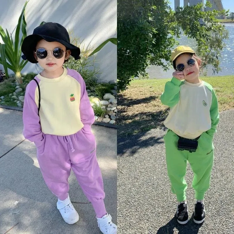 Spring Fall Baby Girls Cotton Contrast Embroidery Sweatshirt+Drawstring Sweatpant Set Kids 2PCS Tracksuit Children Outfit
