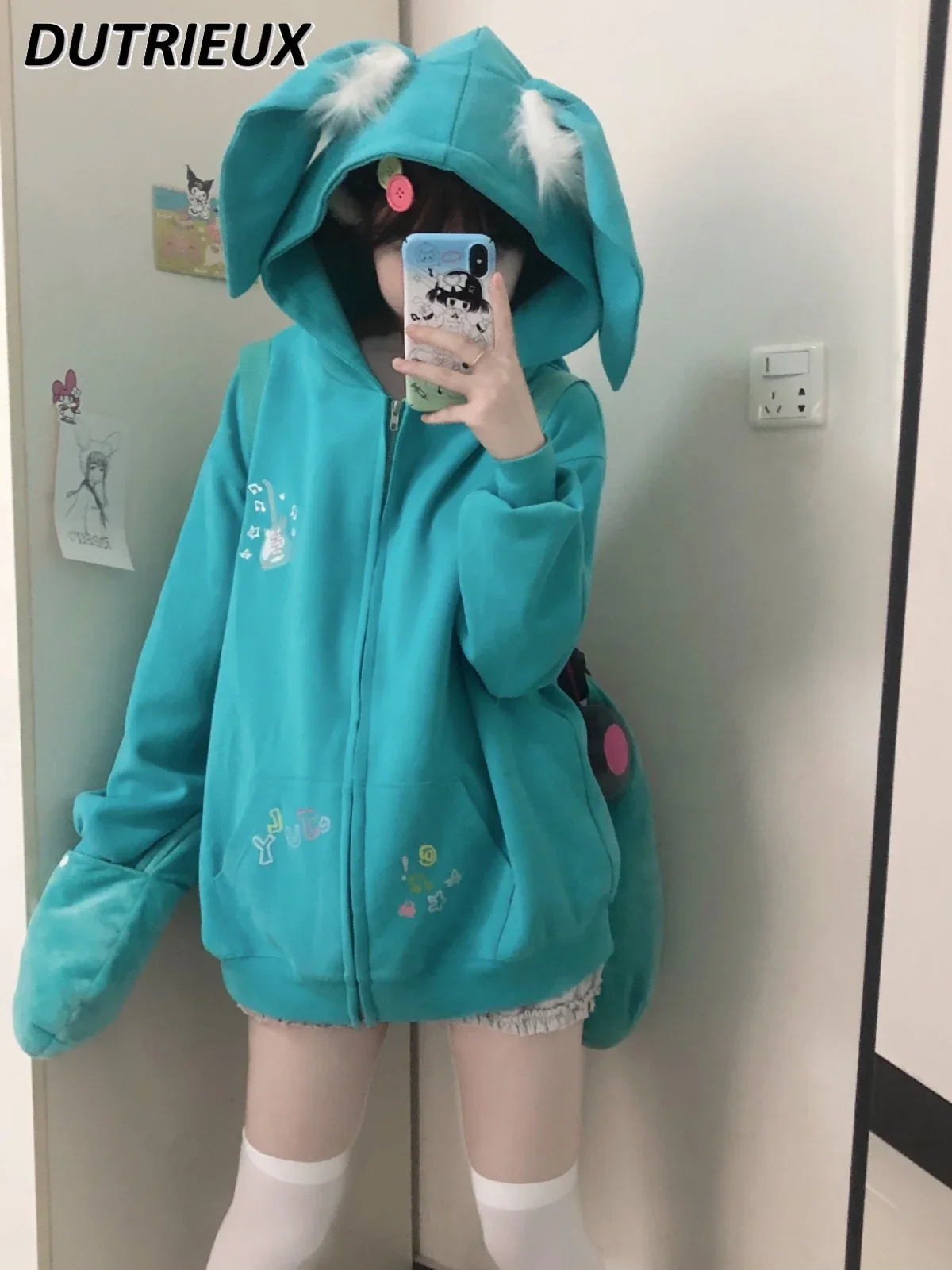 Japanese Original Design Sweet Animation Rabbit Ear Cardigan Coat Green Hooded Long-sleeved Sweatshirt Jacket for Women