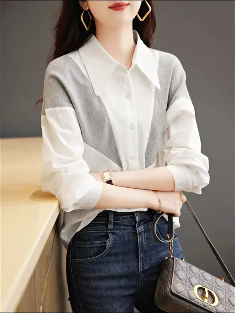 Fashion Blouses Women Shirt Patchwork Top Cardigan Woman Clothes Shirts Pointed Collar Button Up Shirt Loose Casual Female Shirt