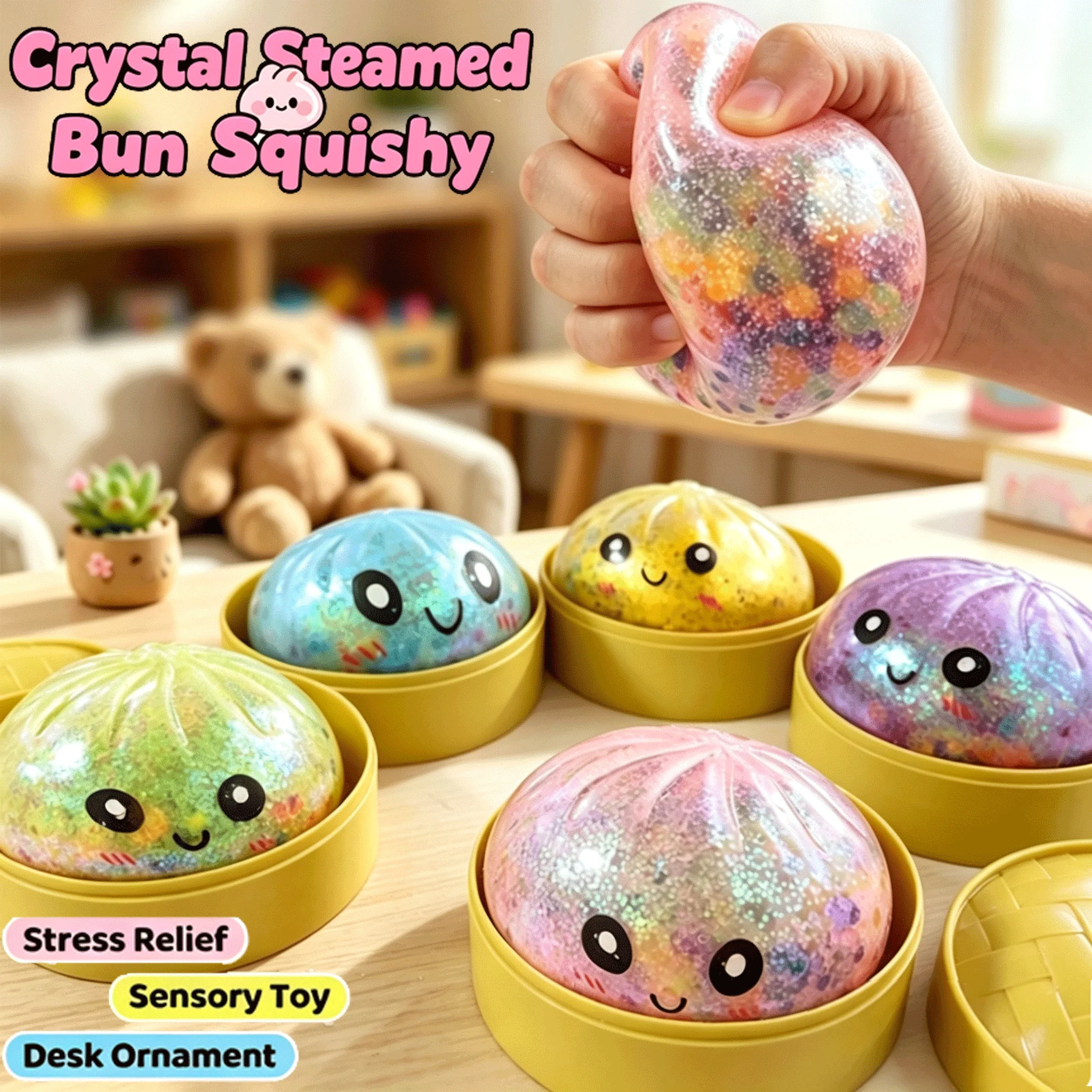 Glitter Bao Squishy Squeeze Toy Simulation Bun Fidget Toy Stress Relief Sensory Toy Desktop Decor Party Favor Gift for Adults