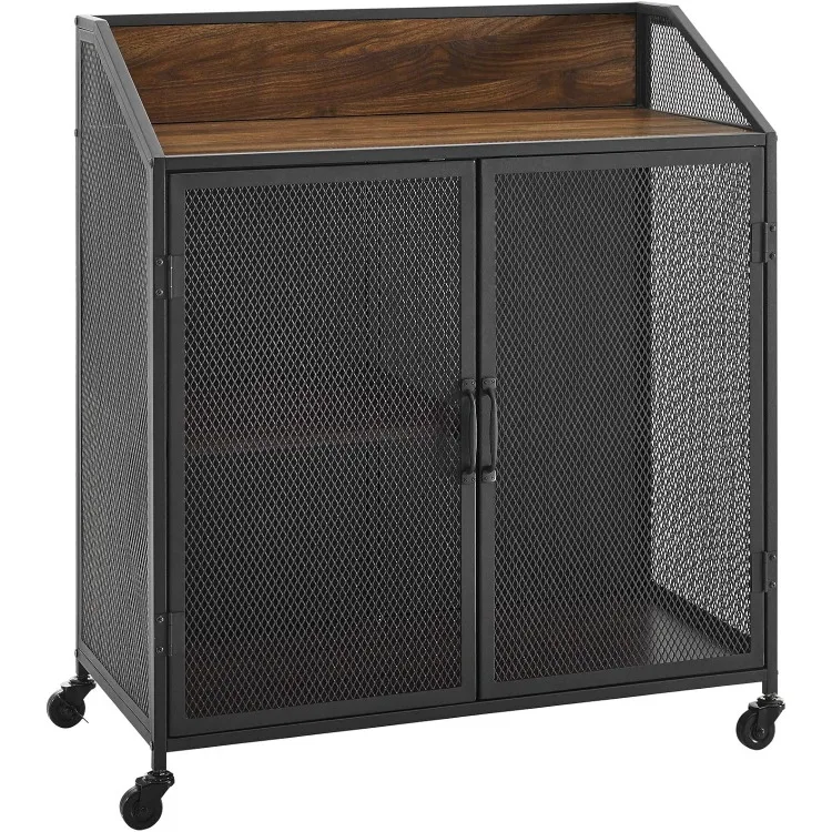 

Malcomb Urban Industrial Metal Mesh Double Door Rolling Bar Cabinet, 33 Inch, Dark Walnut