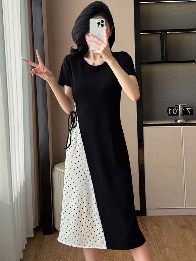 2025 Black Patchwork White Pollka Dot Long Dress Women Elegant Bodycon Bow Bandage Dress Summer Korean Fashion Casual Prom Dress
