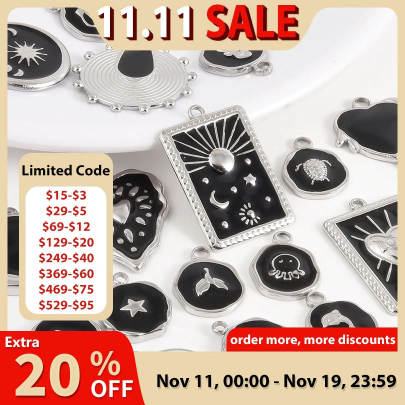 

3pcs Silver Color Black Enamel Charm Stainless Steel Sun Heart Animal Pendants For Jewelry Making Supplies DIY Necklace Earrings