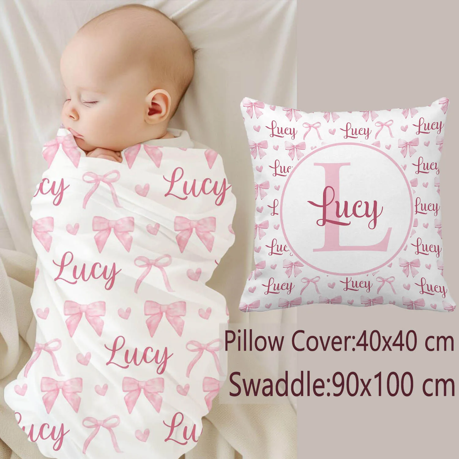 UOOPOO Personalized Name Pink Bow Baby Pillow Cover Set, Swaddle Set
