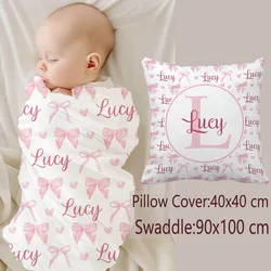 UOOPOO Personalized Name Pink Bow Baby Pillow Cover Set, Swaddle Set