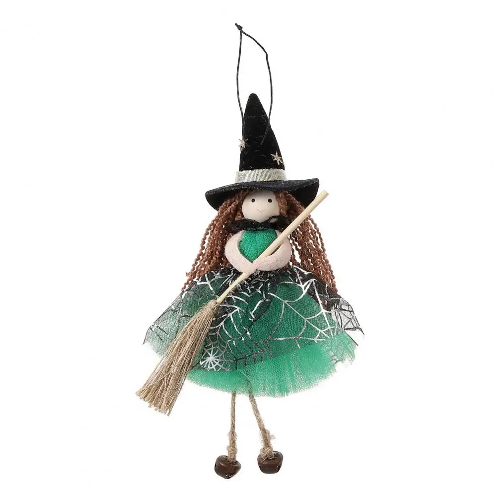 Realistic Witch Doll Halloween Party Decorations Halloween Witch Doll with Broom Small Hanging Witch Figurine Gauze for Haunted