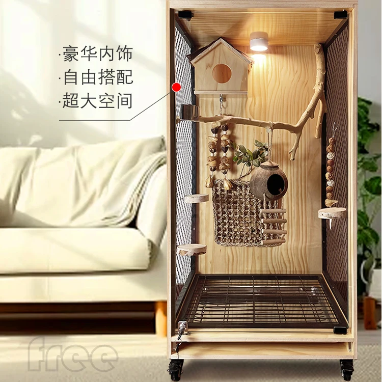 Parrot bird cage villa panoramic luxury solid wood King Kong Xuanfeng monk tiger skin large special splash-proof small sun