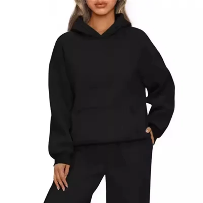 Herbst-Winter Damen Hoodie-Anzug + Weite Hose Zweiteiliges Set Frei Kombinierbar Langarm-Trainingsanzug mit Känguru-Tasche Damenanzug – Detail 4