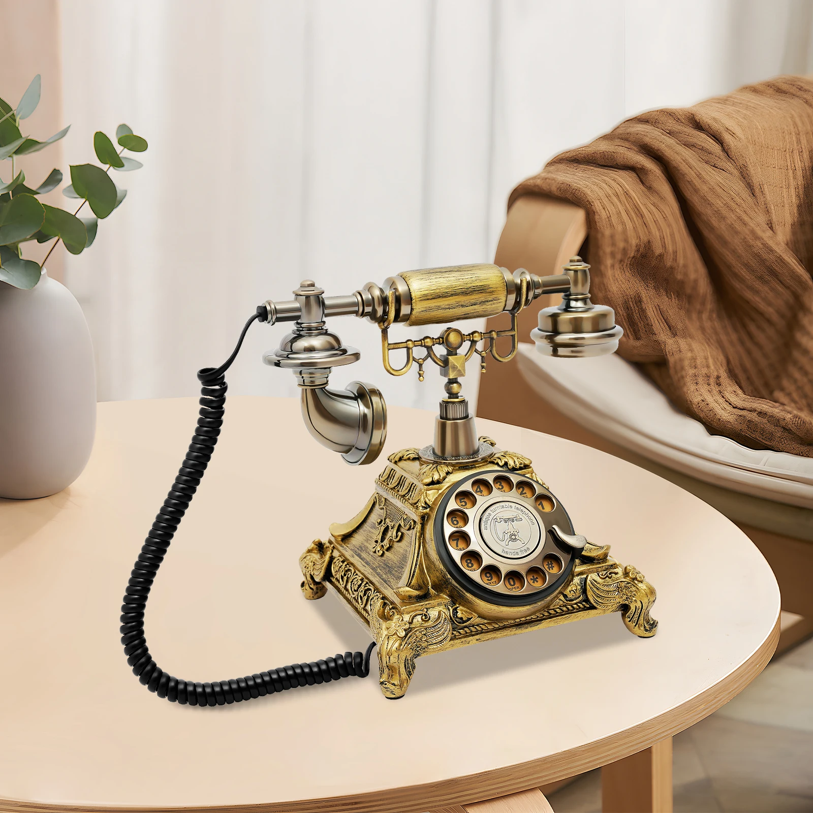 Retro Turntable Telephone, Vintage Bronze Rotary Phone, Resin Zinc Alloy, Corded Landline, No Power Needed, Decor Gift, Antique Style
