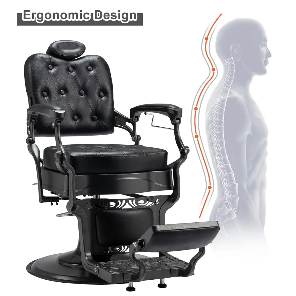 كرسي حلاقة عتيق شديد التحمل هيدروليكي مع مسند للرأس، يدعم ما يصل إلى 700 رطلًا و360 درجة °   قابل للدوران، صالون تجميل احترافي