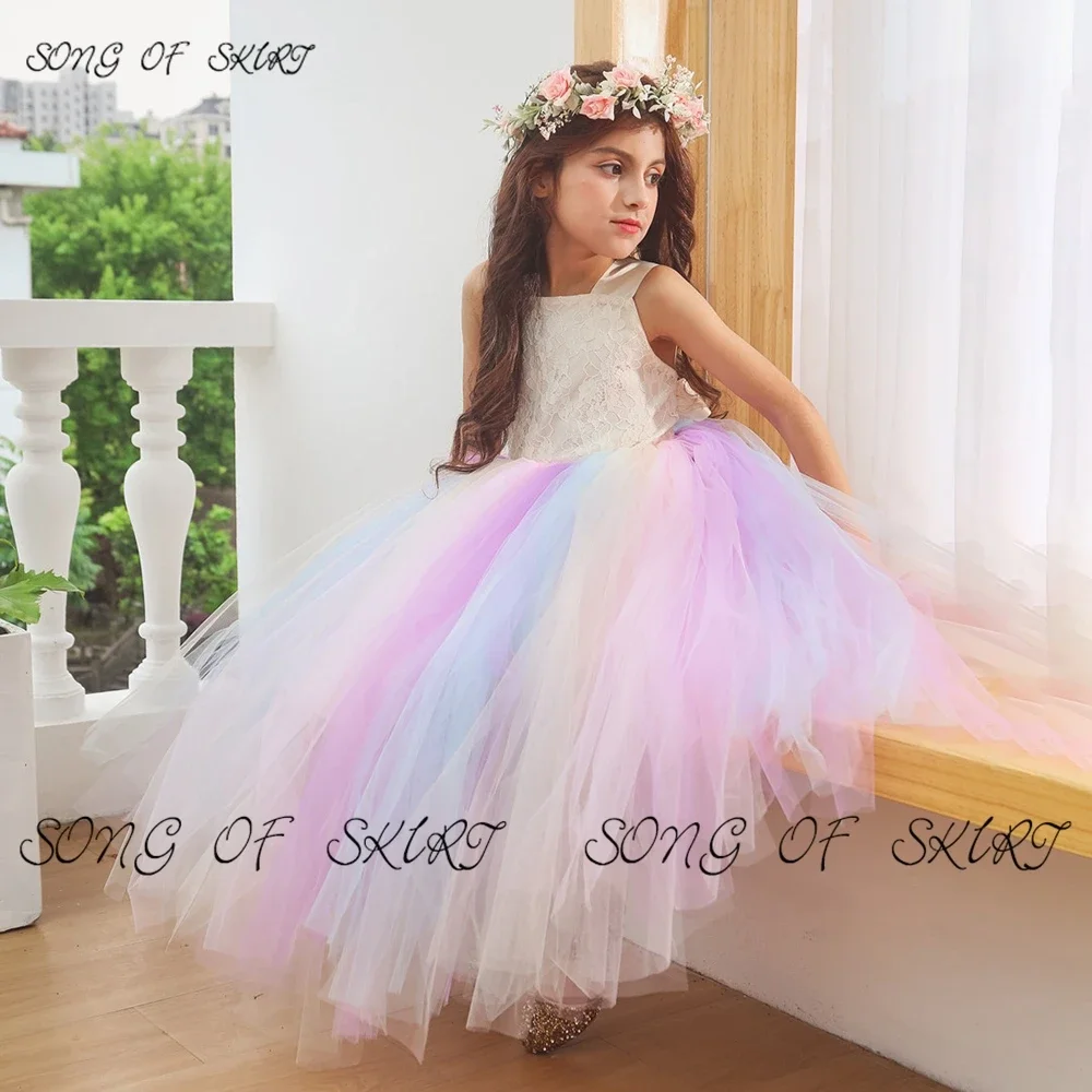 Multi Color Fight Tulle Flower Girl Dresses Rainbow Beautiful Daughter Skirt Suspenders Sleeveless Bow Knot Tea-length Gown