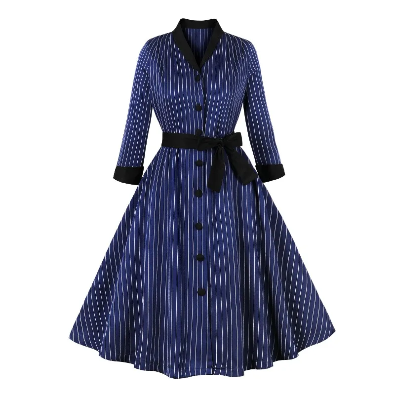 Europäisch-amerikanisches Damen-Kleid im Vintage-Stil mit Krawatte und Taille, gestreift, für den täglichen Gebrauch, lässige Ausflüge, Büro, sieht Partys aus