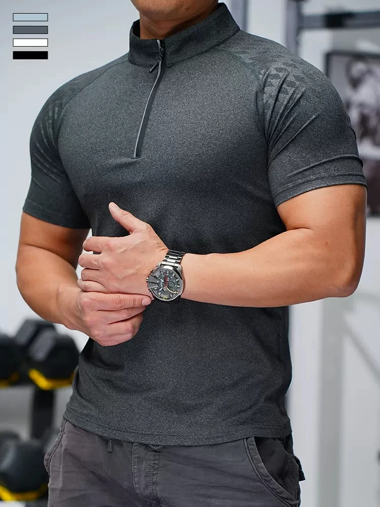 New 2023 Summer Running Gym Men Shirt short Sleeve Tees elastic fit Sports training Fitness Quick dry Zip collar Polo T Shirt