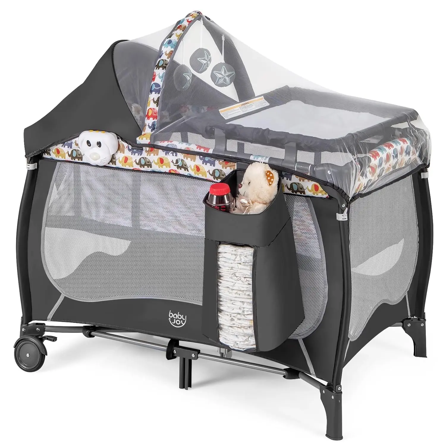 

4 in 1 Pack and Play, Portable Baby Playard with Bassinet, Adjustable Canopy, Changing Table, Lockable Wheels, Music Box, Trave