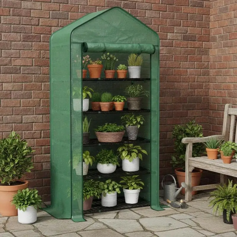 

5 Tier Widened Mini Greenhouse with Reinforced PE Cover, Portable Indoor Outdoor Green House with Roll-up Door and Wire Shelves, 193H x 90W x 49Dcm, Green