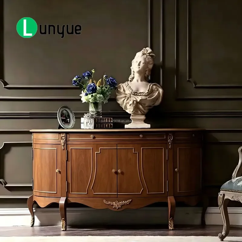 European Luxury Classic Solid Wood Entrance Cabinet Antique Carving Sideboard Buffet for Hotel Lobby Dining Room Storage