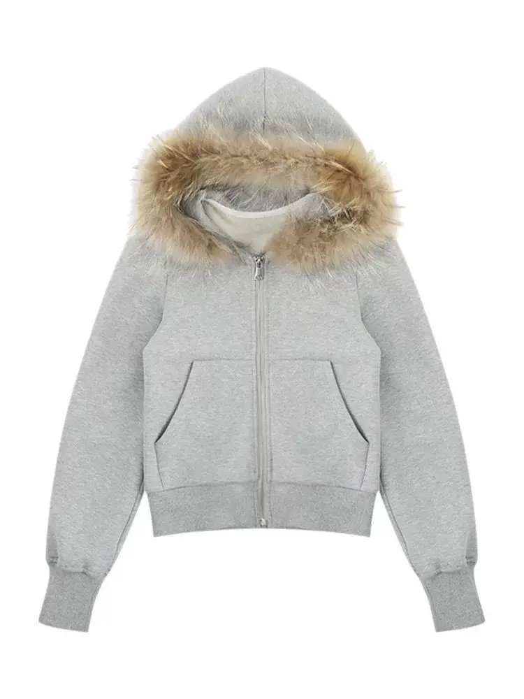 Y2k vintage pele do falso hoodie feminino casual cinza gola removível jaqueta moda recortada zip up moletom outono inverno topos novo
