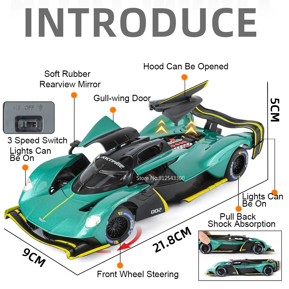 Scala 1:24 Valkyrie Senna Modello di auto sportiva Porte giocattolo Corpo in metallo aperto Pneumatici in gomma Modelli supercar Regali per il fidanzato