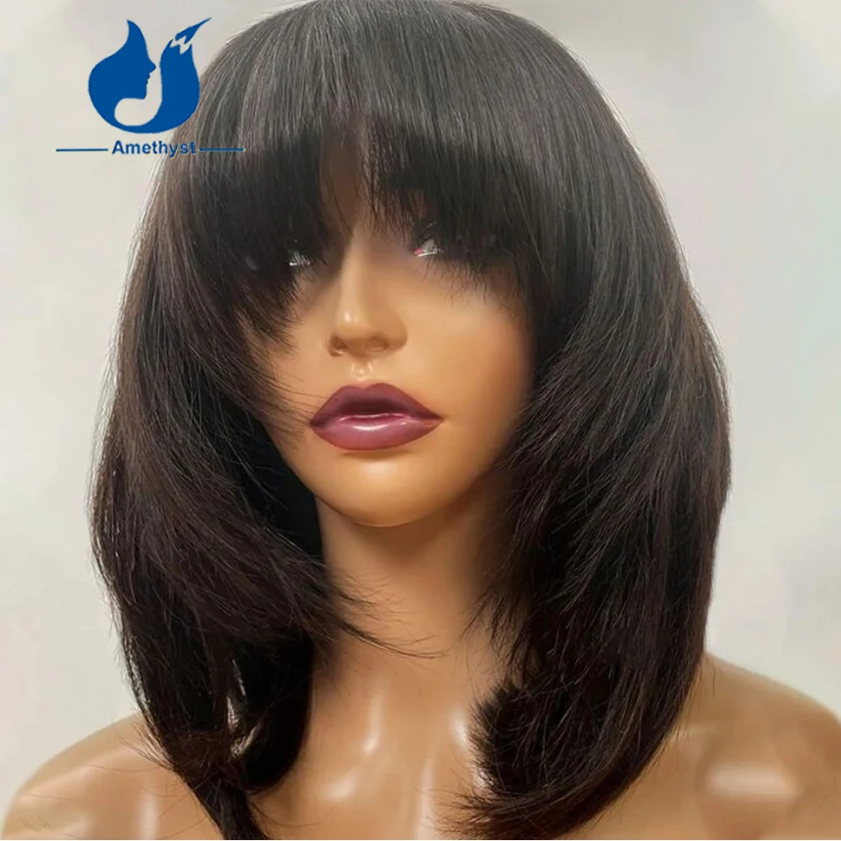 Amethyst Scalp Top Natural Black Bob with Bangs for Women 100% Human Hair Full Machine Made Wig Face Framing Layered Cut 8-16''