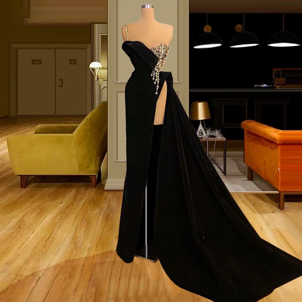 Black velvet sexy high slit crystal decoration detachable one shoulder long sleeved formal occasion mop floor evening dress