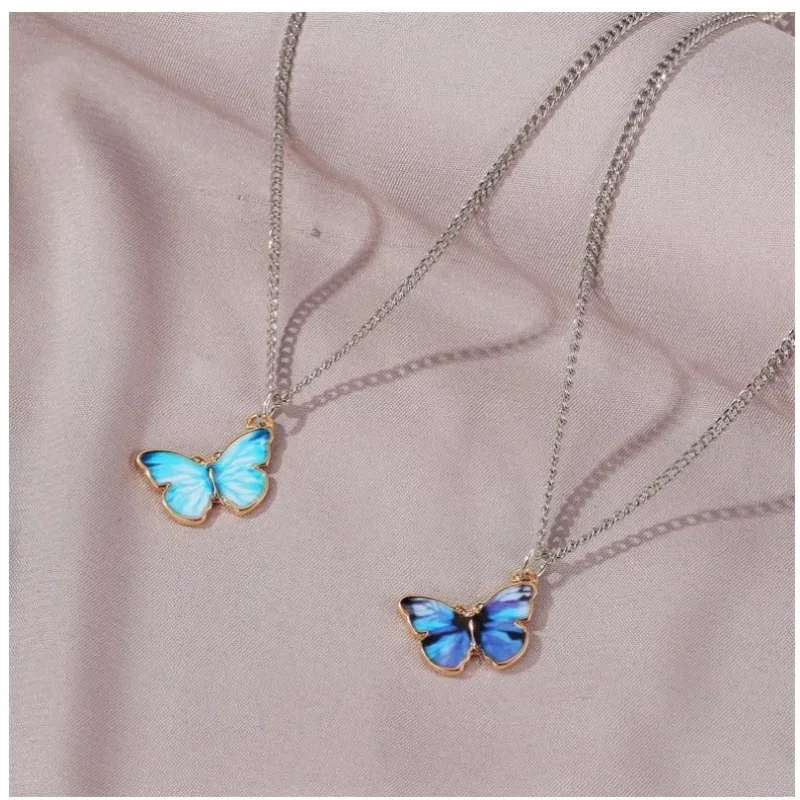 

2025 Korean Fashion New Style Wild Simple Personality Color Painting Butterfly Necklace Women Wholesale Girls Pendant