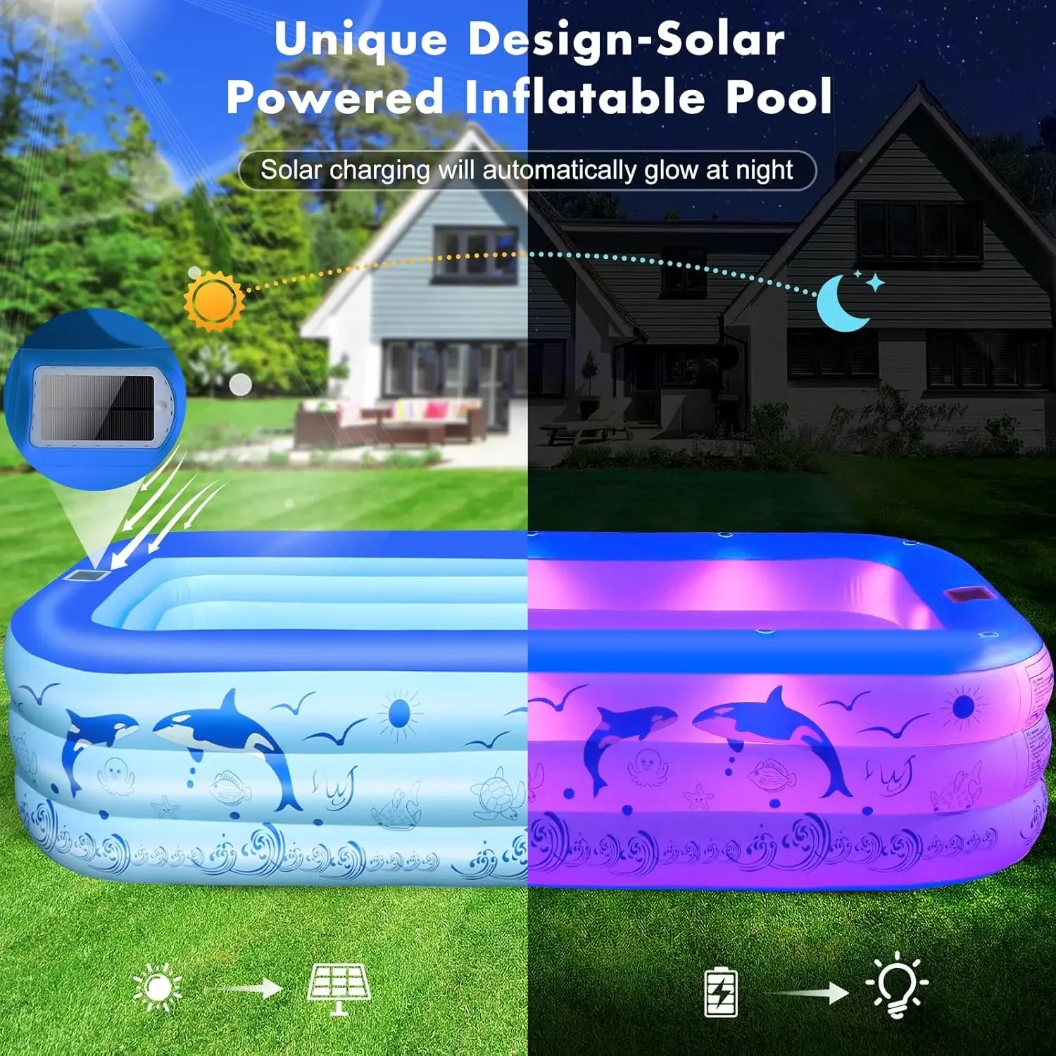 Inflatable Pool with Lights, Upgraded Family Inflatable Swimming Pool for Kids&Adults,Blowup Pool Solar Powered,Large Kiddie