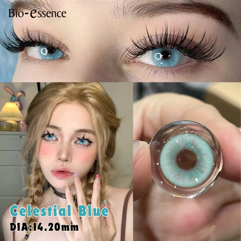 Bio-essence 1Pair Green Color Blue Contacts with Myopia Large Diameter Big Eyes Brown Lens Makeup Eyes Gray Cosmetic Pupils