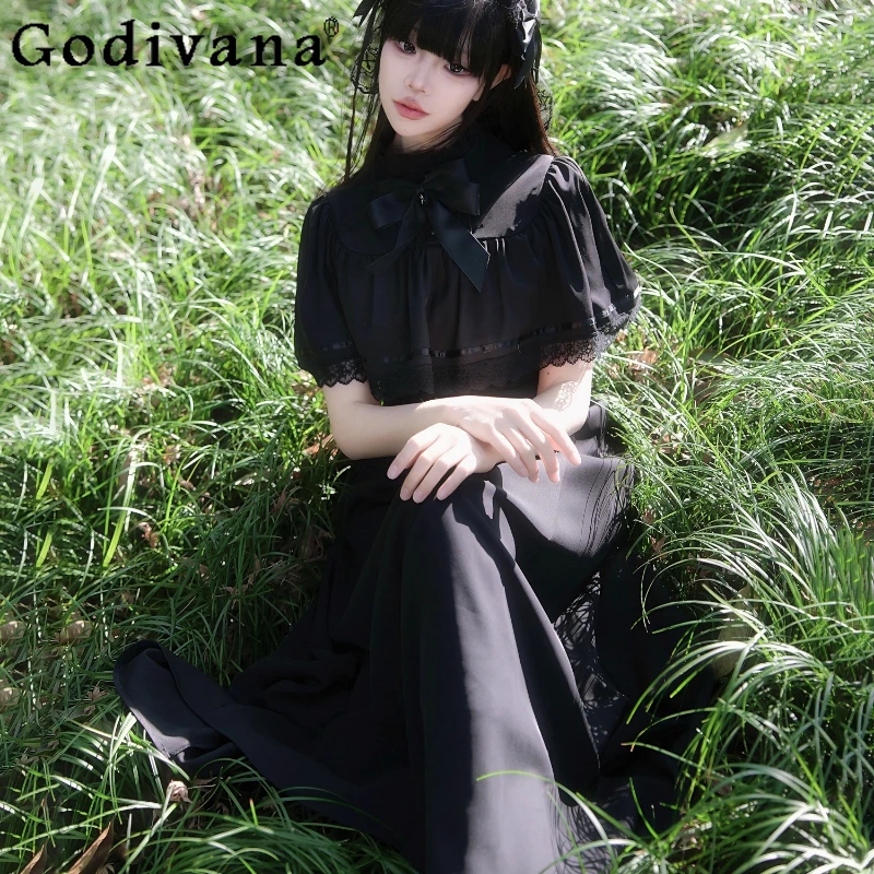 여성 로리타 스타일 블랙 드레스 프랑스어 레트로 여름 우아한 드레스 여성 봄 달콤한 허리 조이는 레이스 롱 드레스