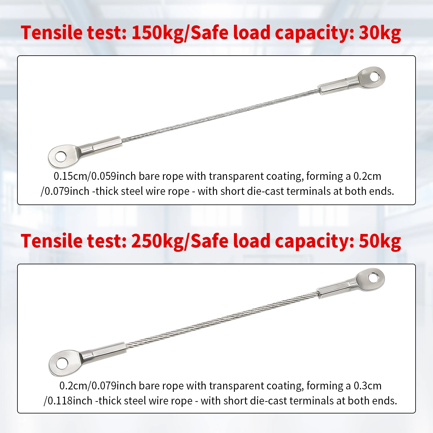 2-3mm Stainless Steel Wire Safety Rope, PVC Coated Rope, M4/M5/M6 Fisheye Terminal Block, Metal Safety Rope - view 2