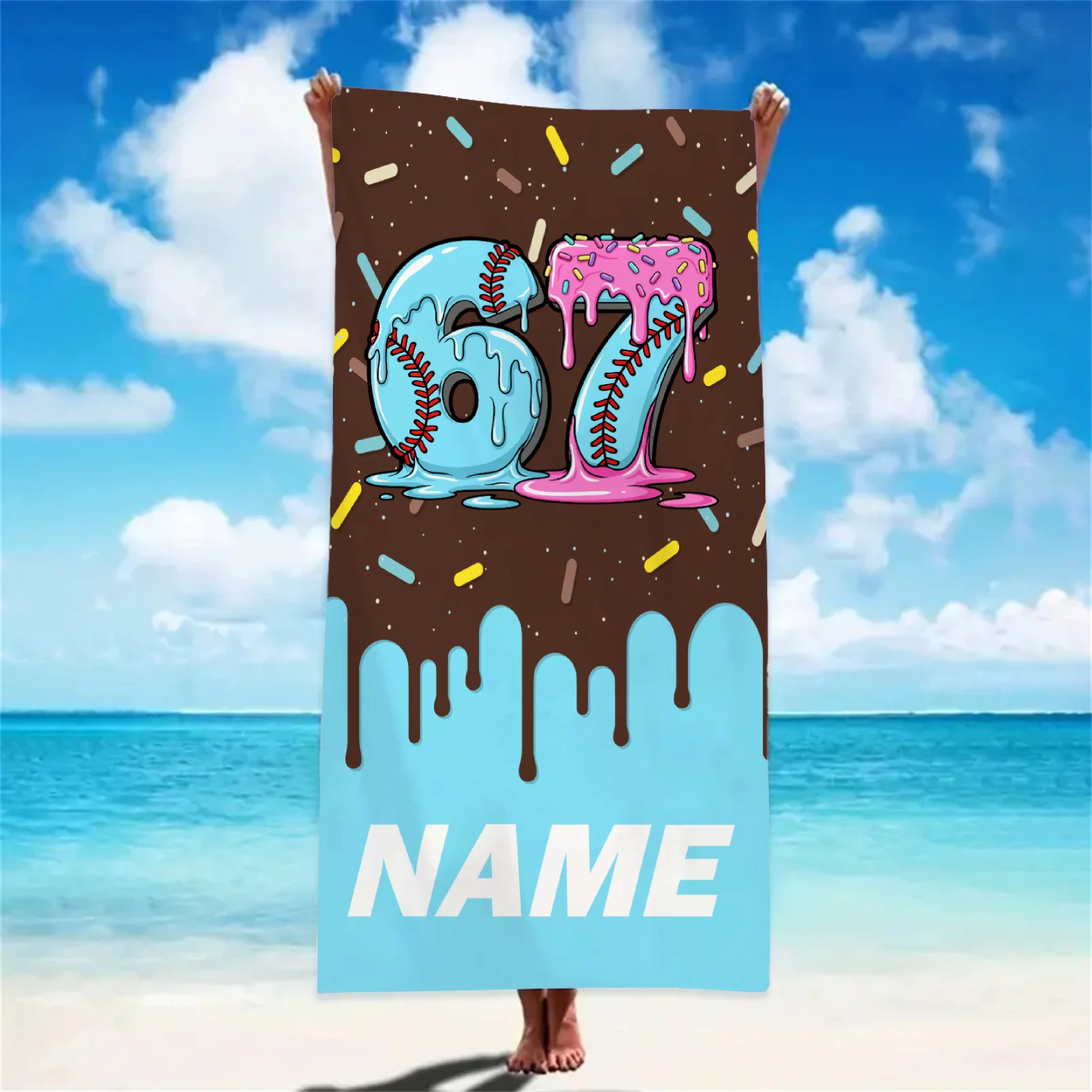 Pink Personalized Name Ice Cream Melt Fun Baseball Beach Towel - Soft & Comfortable,Ideal for Beach Kid Girls Gift,Wholesale