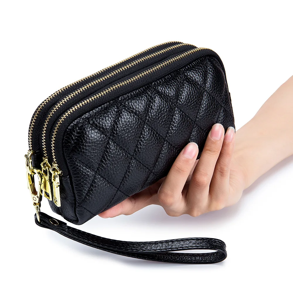 

Women Wallets Genuine Leather Fashion Clutch Purse Large Capacity Three-Zipper Long Wallets Money Bag Purses with Wrist Strap