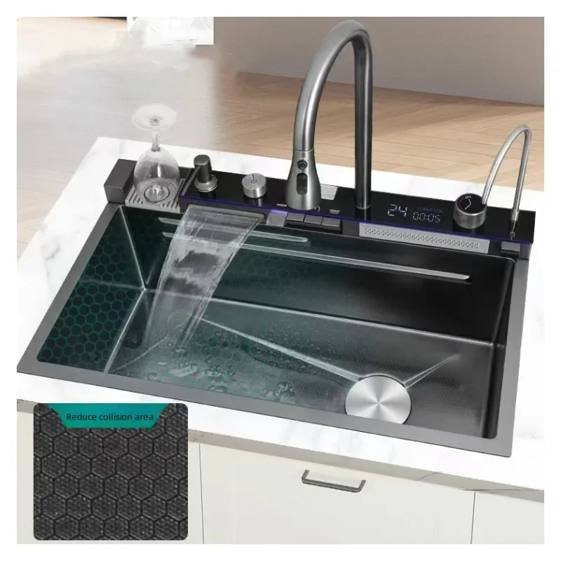 LED Digital Smart Kitchen Sink Black White for 304 Stainless Steel Waterfall Multi function with pulling tap