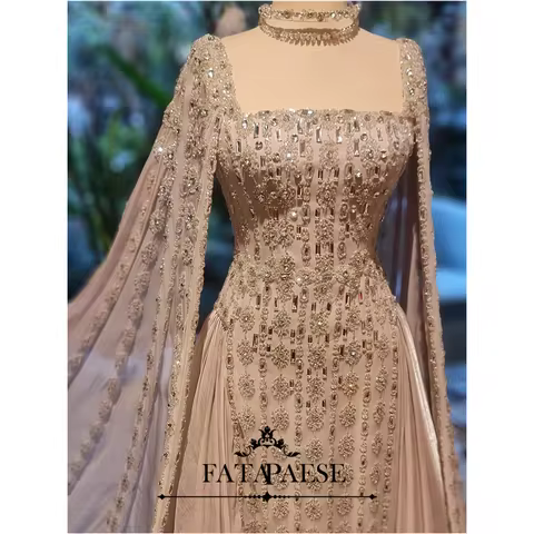 FATAPAESE Customized Sequins Beading Crystals Evening Dress Square Collar Cape Draped Floor Length Elegant Exquisite Luxury Gown