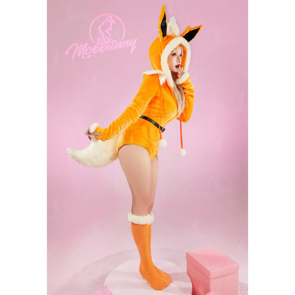 Mobbunny-PM Lingerie Bodysuit feminino derivado, macacão de pelúcia com capuz, meias com cinto e cauda, traje Cosplay