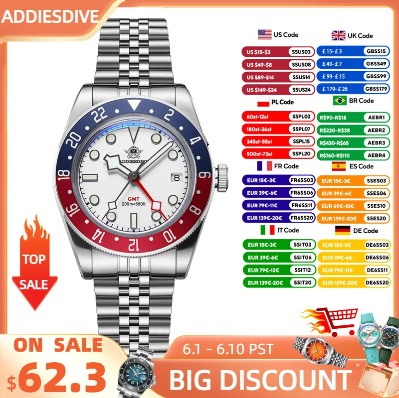 

ADDIESDIVE GMT Watch For Men Super Blue BGW9 Luminous 39mm Quartz Wristwatch AR Coating 200m Waterproof Automatic Date Watch