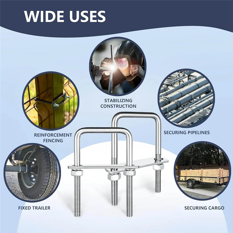 

A69EM8 Square U-Bolts 4 Sets, 2 Inch Wide, 304 Stainless Steel With Nuts, Bolt Plate And Washers