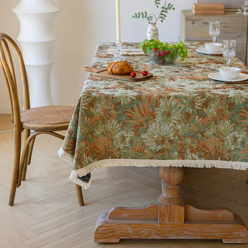 Rustic Jacquard Rectangular Tablecloth American Cotton Linen Oil Painting Sense Tablecloth Coffee Table Dining Table Cover Cloth