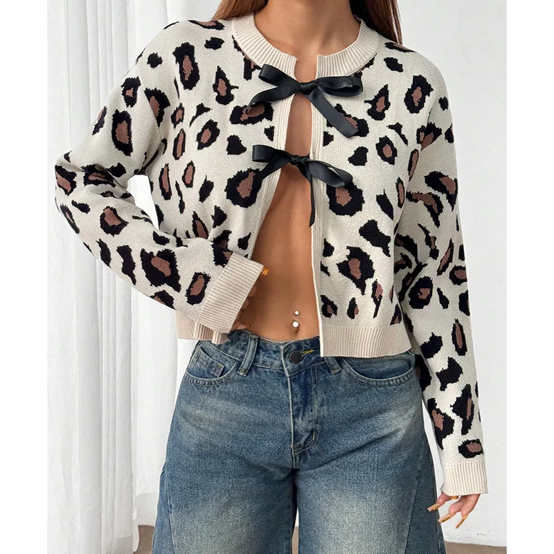

Spotted Printed Bowknot Sweater Cardigan Women's Autumn Temperament Commuting Long Sleeved Jumpers Streetwear Sweaters Top