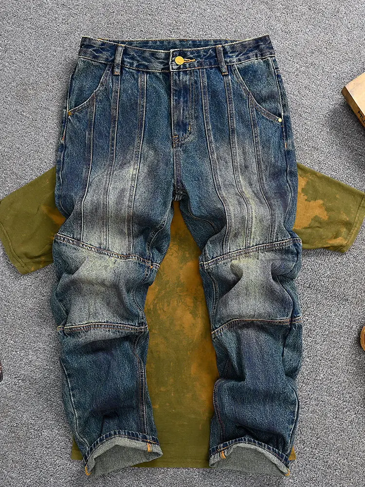 

Men's American Vintage Washed Jeans, Loose Straight Patchwork Design, High Street Fashion Denim Long Pants