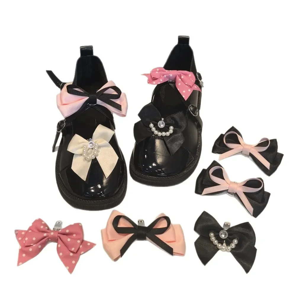 New Black White Pearl Chain Shoelaces Charm Sneakers Shoes Decorations DIY Pink Bow Shoe Charms Buckle Shoe Accessories 2 Pcs