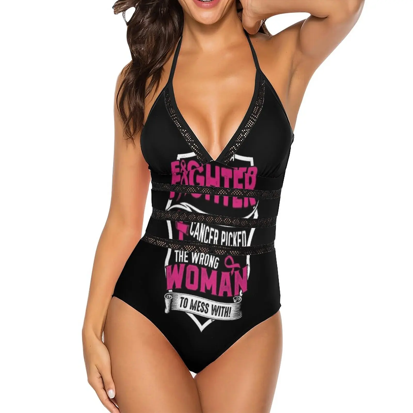 I Am Fighter-Breast Cancer Awareness Gifts For Women Breast Women Printed One Piece Swimwear Sexy Backless Swimsuit V Neck