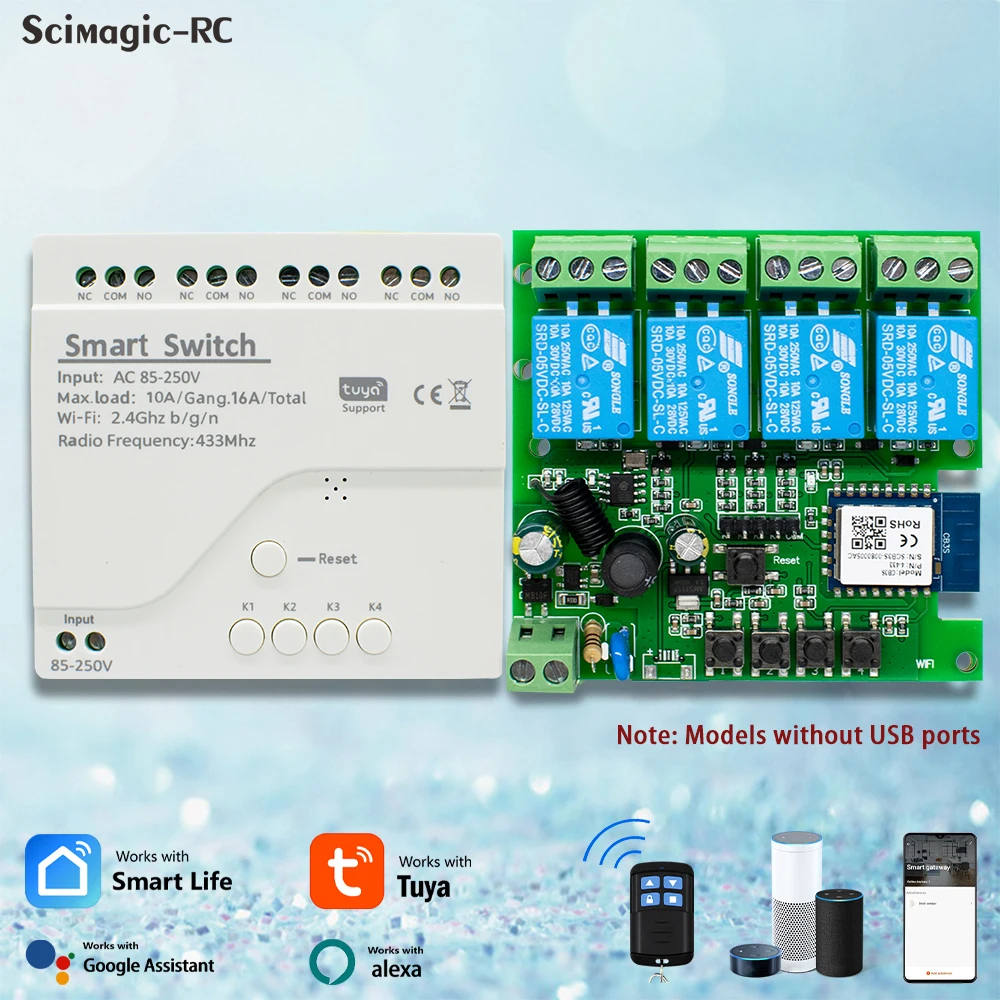 4CH Tuya Smart Switch 220V WIFI Module Remote Control 12V 24V 85-250V RF Receiver 10A Smart Relay Includes Free Shell