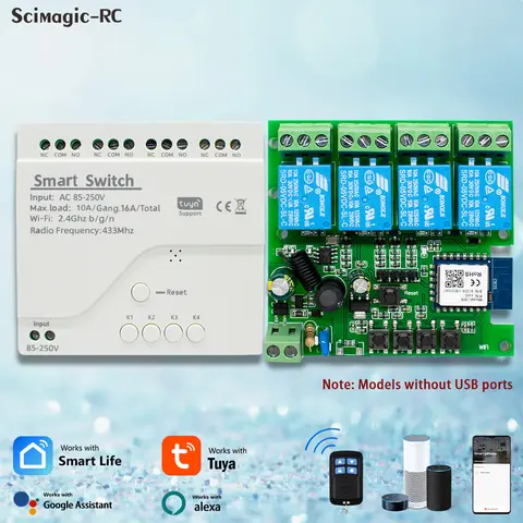 4CH Tuya Smart Switch 220V WIFI Module Remote Control 12V 24V 85-250V RF Receiver 10A Smart Relay Includes Free shell