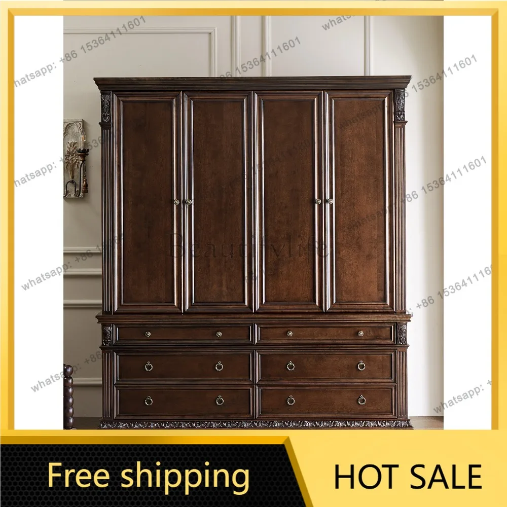 Hot American pure solid wood wardrobe swing door log carved four-door wardrobe