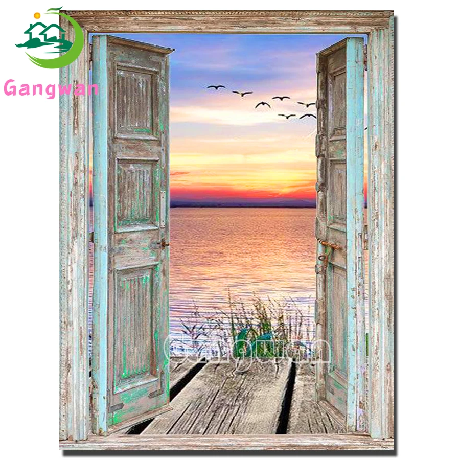 Gangwan 5D DIY Diamond Painting Full Square round Sunset Door Diamond Embroidery Mosaic Landscape Seaside Decorations Home Art