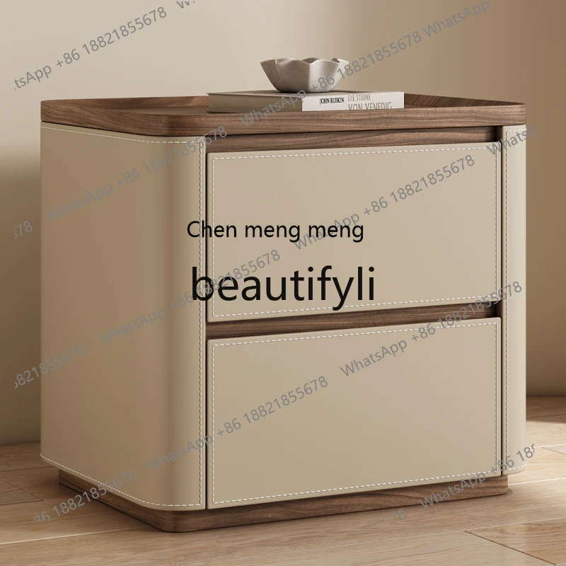 

New saddle leather bedside table Nordic light luxury bedroom wood grain retro design bedside table H