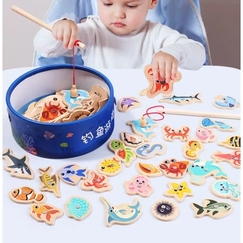 New Montessori Wooden Fishing Toy For Children Cartoon Marine Life Cognition Fish Games Parent-Child Interactive Educational Toy