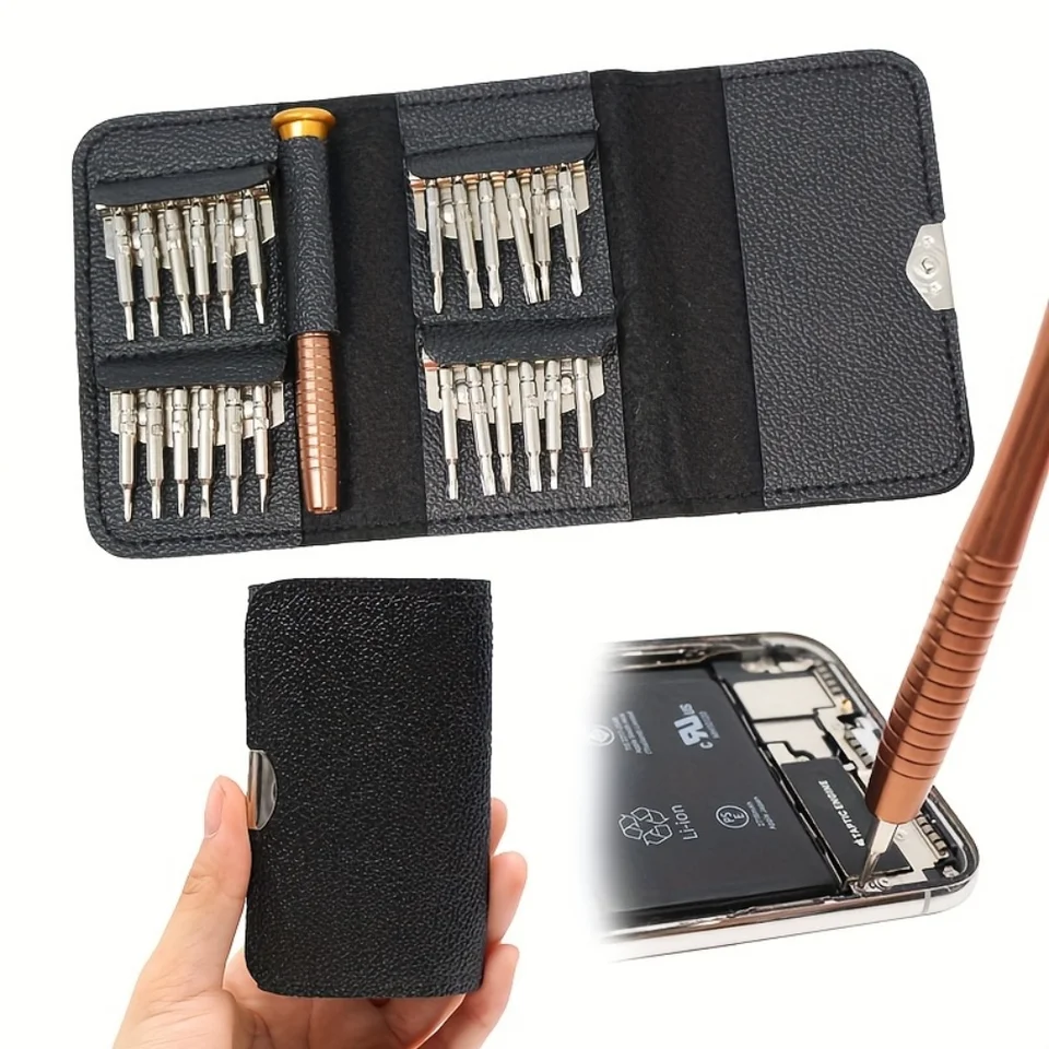 Kit de Destornillador Manual 25 en 1 con Puntas Multifuncionales, Juego de Herramientas para Desarmar y Reparar Teléfonos Móviles y Pequeños Electrodomésticos con Estuche de Cuero 4