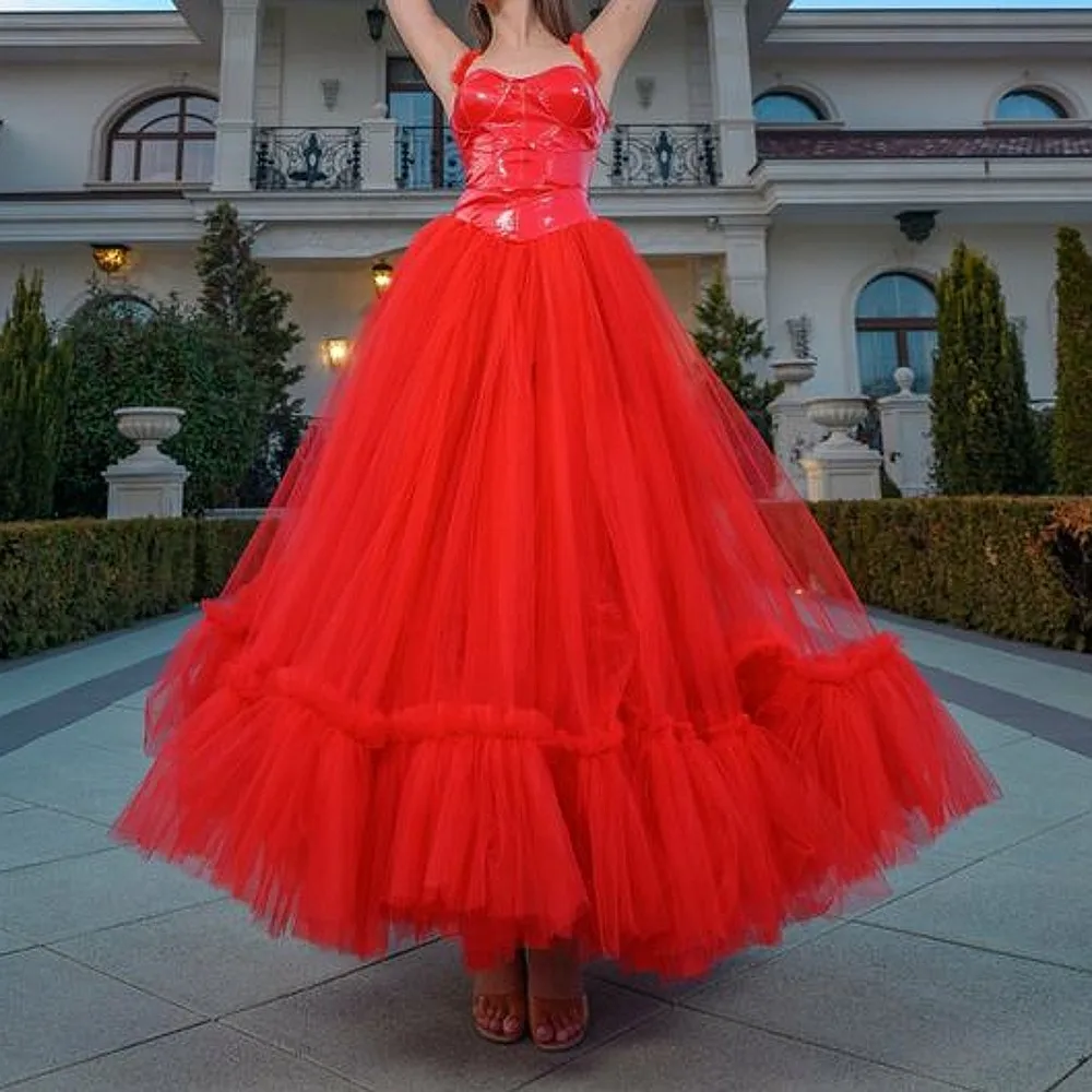 

Red Tulle Maxi Skirts A Line Elastic Waist Long Women Formal Bottom Dance Birthday Skirt To Marty Lady Gowns