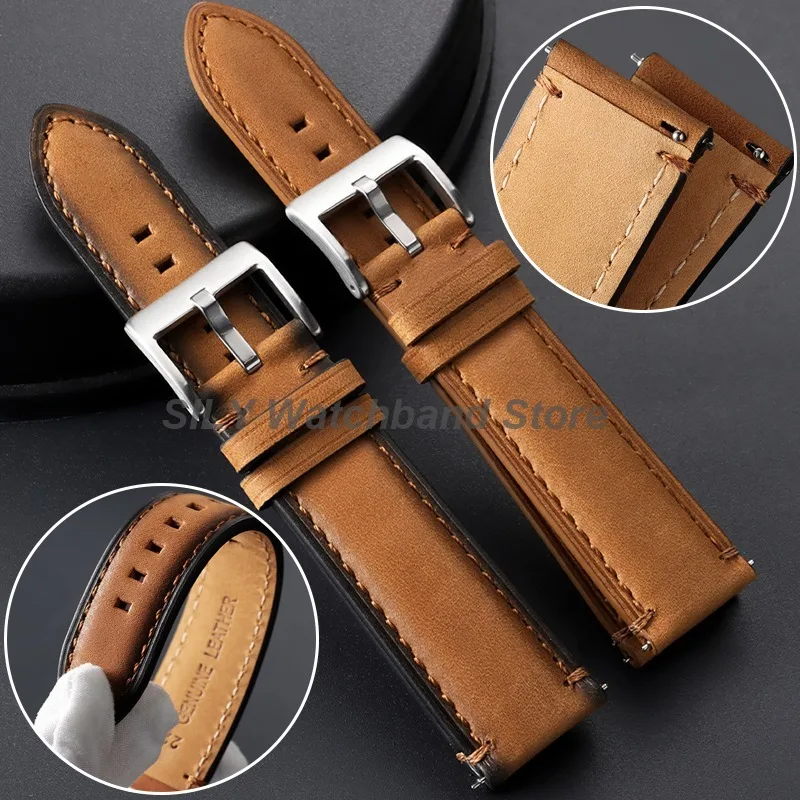 Correa de reloj de cuero de vaca vintage de 20mm, 22mm, 24mm con liberación rápida para Fossil, Seiko, Omega, pulsera universal para hombre y mujer